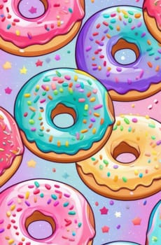 Variety of vibrant glazed donuts displayed on soft pink background, enticing with their colorful toppings, delicious allure. For cafe, pastry shop website, dessert advertisements, restaurant menu