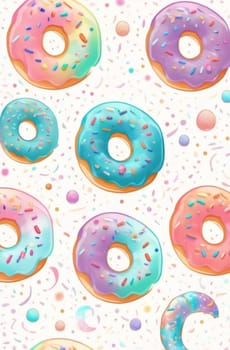 Variety of vibrant glazed donuts displayed on soft pink background, enticing with their colorful toppings, delicious allure. For cafe, pastry shop website, dessert advertisements, restaurant menu