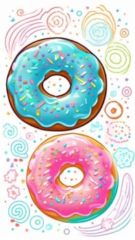 Variety of vibrant glazed donuts displayed on soft pink background, enticing with their colorful toppings, delicious allure. For cafe, pastry shop website, dessert advertisements, restaurant menu