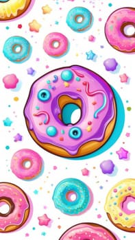 Variety of vibrant glazed donuts displayed on soft pink background, enticing with their colorful toppings, delicious allure. For cafe, pastry shop website, dessert advertisements, restaurant menu