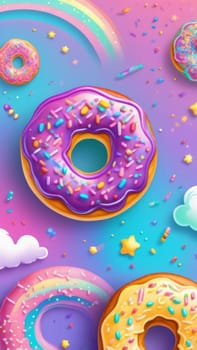 Variety of vibrant glazed donuts displayed on soft pink background, enticing with their colorful toppings, delicious allure. For cafe, pastry shop website, dessert advertisements, restaurant menu