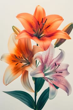 A close up of three lilies in different colors against a white background. This creative arts piece showcases the beauty of these flowering plants