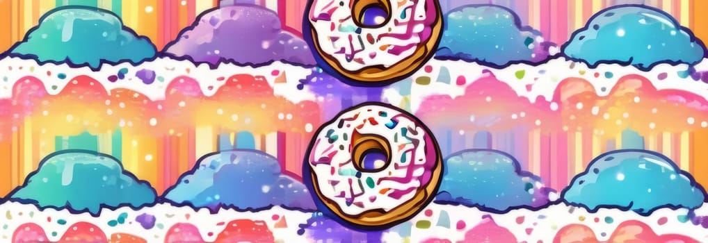 Variety of vibrant glazed donuts displayed on soft pink background, enticing with their colorful toppings, delicious allure. For cafe, pastry shop website, dessert advertisements, restaurant menu