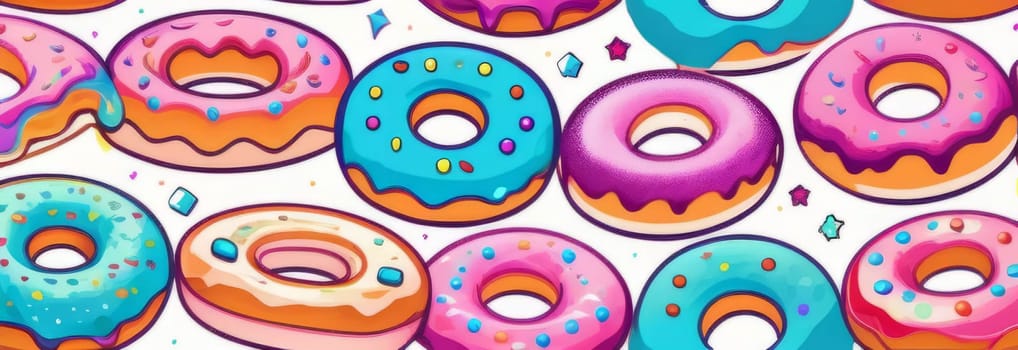 Variety of vibrant glazed donuts displayed on soft pink background, enticing with their colorful toppings, delicious allure. For cafe, pastry shop website, dessert advertisements, restaurant menu