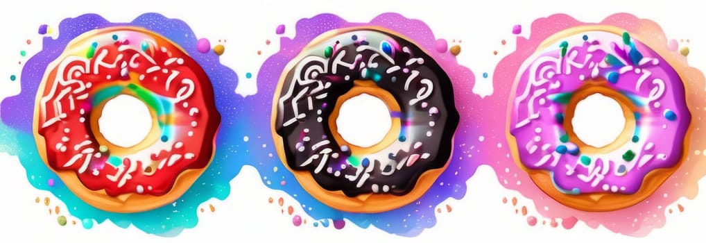 Variety of vibrant glazed donuts displayed on soft pink background, enticing with their colorful toppings, delicious allure. For cafe, pastry shop website, dessert advertisements, restaurant menu