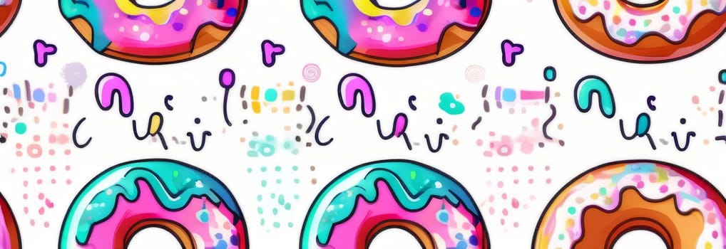 Variety of vibrant glazed donuts displayed on soft pink background, enticing with their colorful toppings, delicious allure. For cafe, pastry shop website, dessert advertisements, restaurant menu