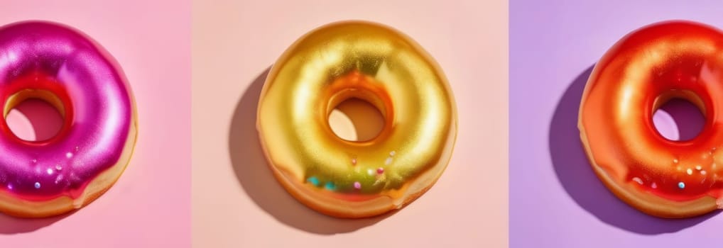 Variety of vibrant glazed donuts displayed on soft pink background, enticing with their colorful toppings, delicious allure. For cafe, pastry shop website, dessert advertisements, restaurant menu