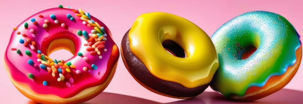 Variety of vibrant glazed donuts displayed on soft pink background, enticing with their colorful toppings, delicious allure. For cafe, pastry shop website, dessert advertisements, restaurant menu