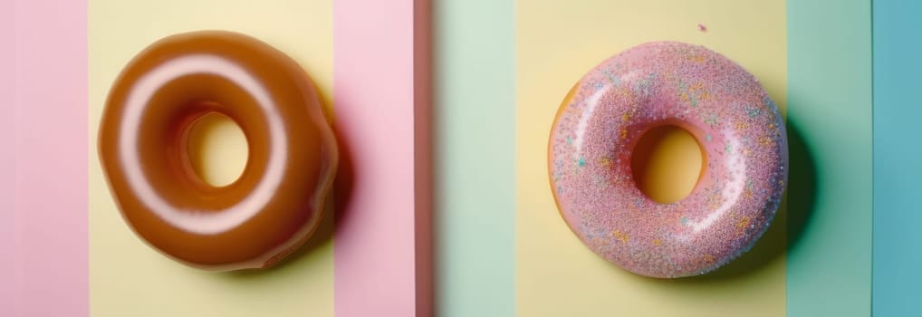 Variety of vibrant glazed donuts displayed on soft pink background, enticing with their colorful toppings, delicious allure. For cafe, pastry shop website, dessert advertisements, restaurant menu