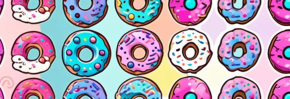 Variety of vibrant glazed donuts displayed on soft pink background, enticing with their colorful toppings, delicious allure. For cafe, pastry shop website, dessert advertisements, restaurant menu