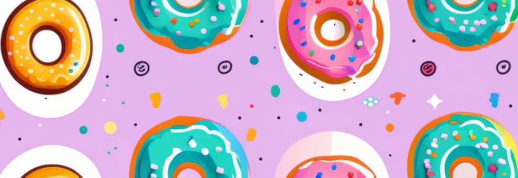 Variety of vibrant glazed donuts displayed on soft pink background, enticing with their colorful toppings, delicious allure. For cafe, pastry shop website, dessert advertisements, restaurant menu