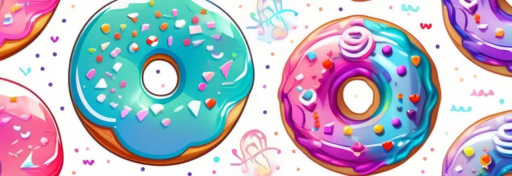 Variety of vibrant glazed donuts displayed on soft pink background, enticing with their colorful toppings, delicious allure. For cafe, pastry shop website, dessert advertisements, restaurant menu