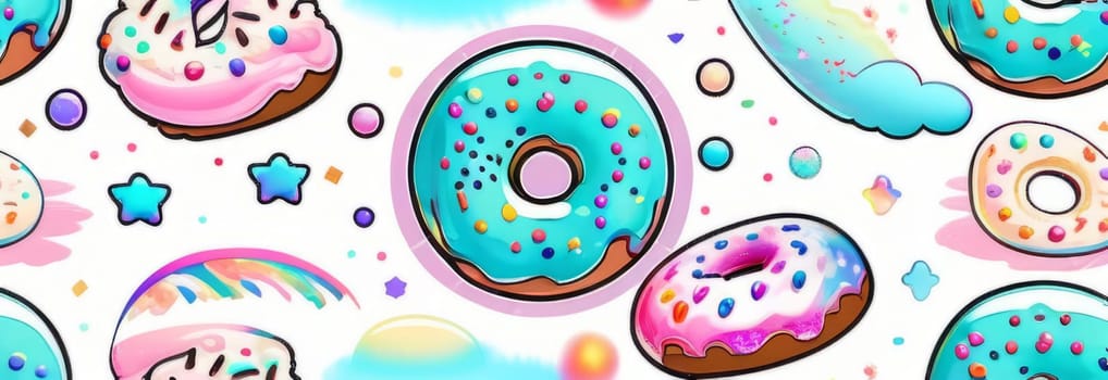 Variety of vibrant glazed donuts displayed on soft pink background, enticing with their colorful toppings, delicious allure. For cafe, pastry shop website, dessert advertisements, restaurant menu