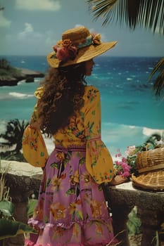 A woman in a sun hat and floral skirt relaxes on a balcony, gazing at the ocean view. The tranquil landscape of water, sky, and trees inspires thoughts of travel and leisure