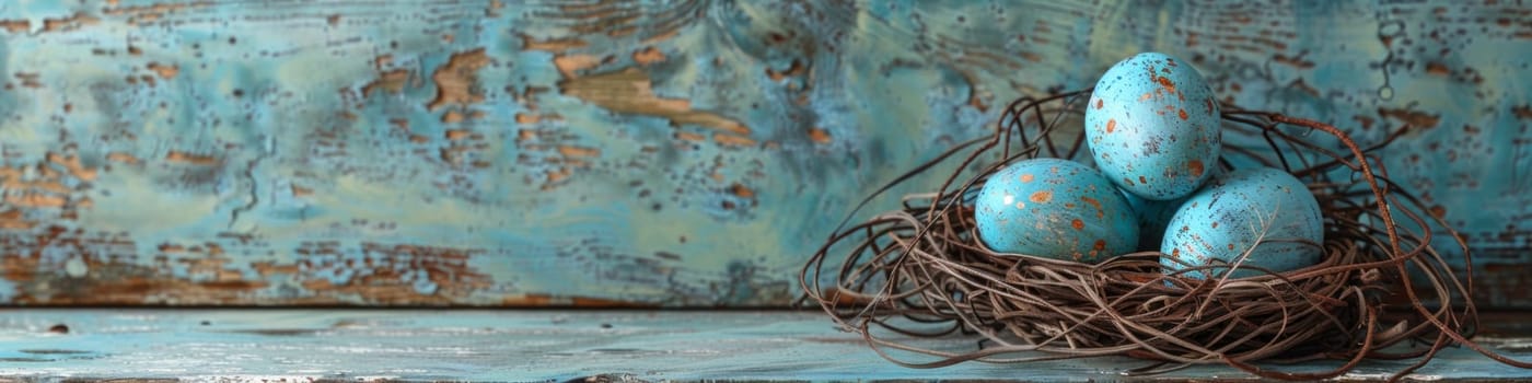 A blue eggs in a nest on top of wood