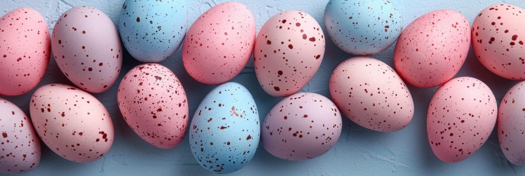 A bunch of pink and blue eggs with spots on them