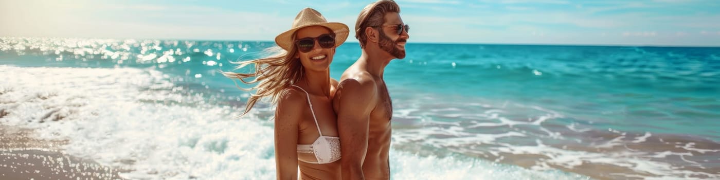 A man and woman standing on the beach in front of a wave