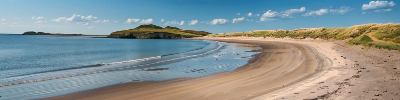 A sandy beach with a small hill in the distance