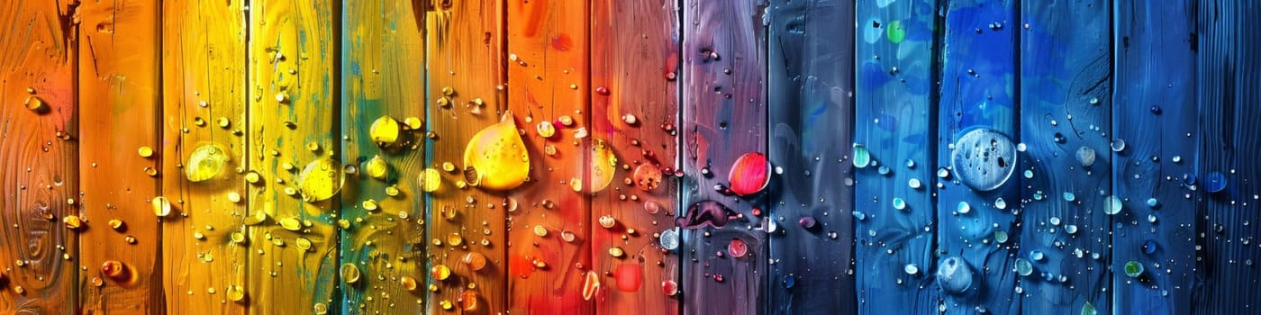 A rainbow of different colors and sizes of water droplets on a wooden wall