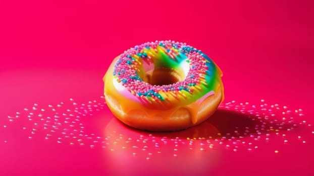 Colorful donut covered in sprinkles, set against vibrant pink background. For bakery website, dessert advertisements, cafe, restaurant menu, on food blog, social media, culinary book, magazine. banner
