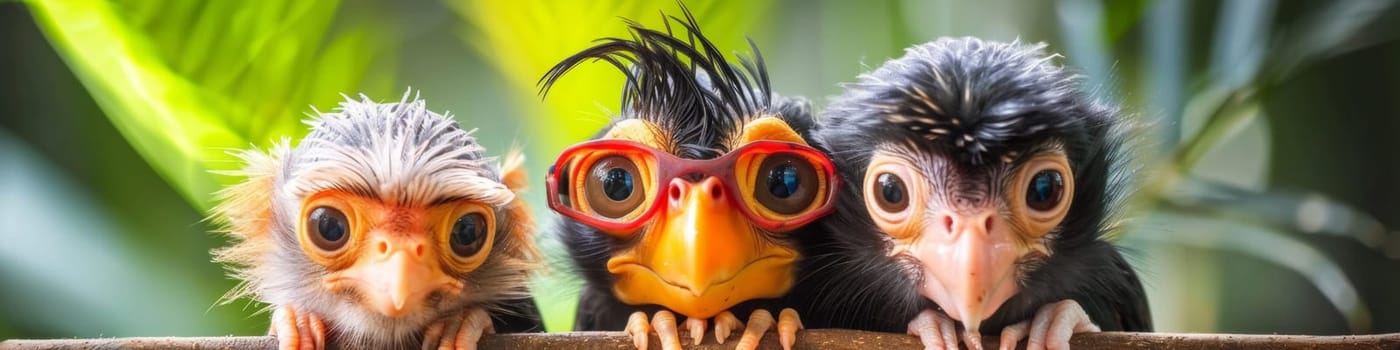 Three birds with big eyes and red beaks are sitting on a branch