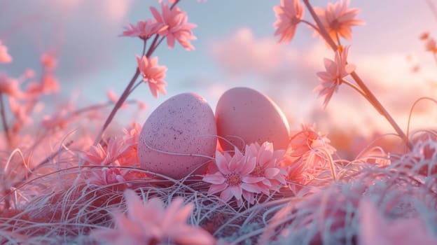 Two eggs are sitting in a nest of pink flowers