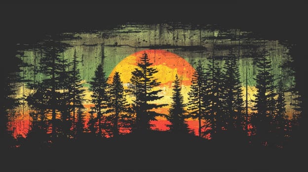A sunset over a forest with trees and the sun in the background