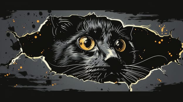 A black cat with yellow eyes peeking out of a hole in the wall