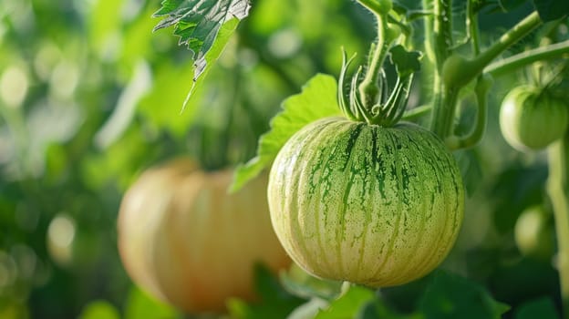 A close up of a green tomato growing on the vine