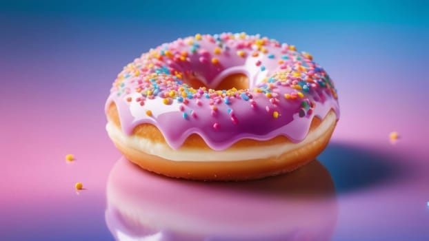 Freshly baked donut topped with generous amount of rainbow-colored sprinkles drizzled with rich sweet icing on colorful background. For culinary book, magazine, food blog, social media platforms
