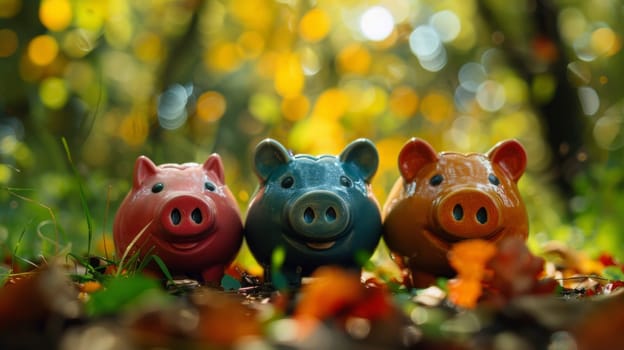 Three piggy bank figurines are standing in a field of leaves