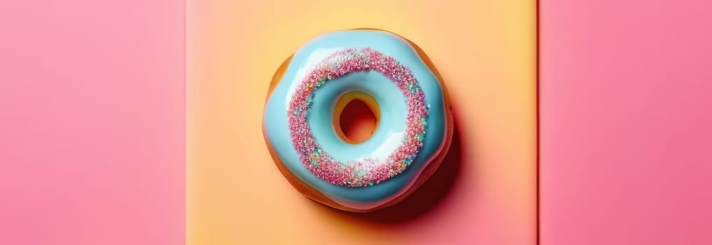 Freshly baked donut topped with generous amount of rainbow-colored sprinkles drizzled with rich sweet icing on colorful background. For culinary book, magazine, food blog, social media platforms