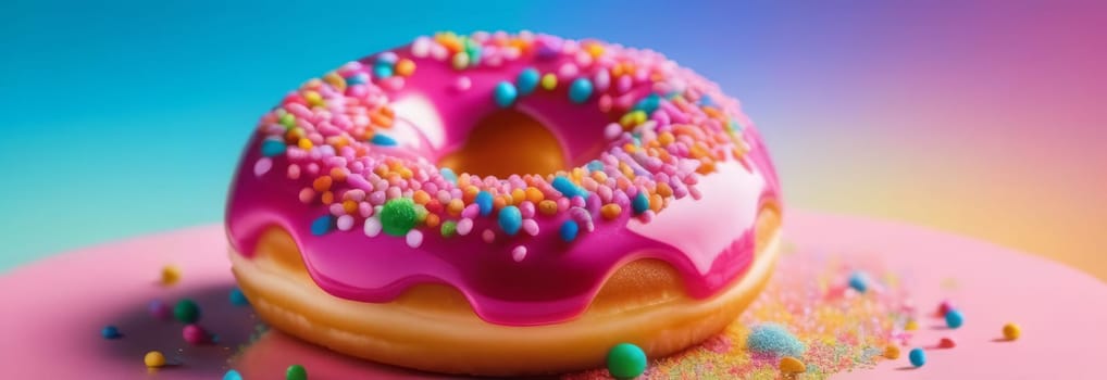 Freshly baked donut topped with generous amount of rainbow-colored sprinkles drizzled with rich sweet icing on colorful background. For culinary book, magazine, food blog, social media platforms