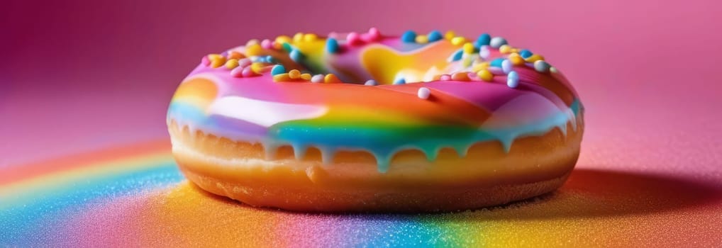 Freshly baked donut topped with generous amount of rainbow-colored sprinkles drizzled with rich sweet icing on colorful background. For culinary book, magazine, food blog, social media platforms