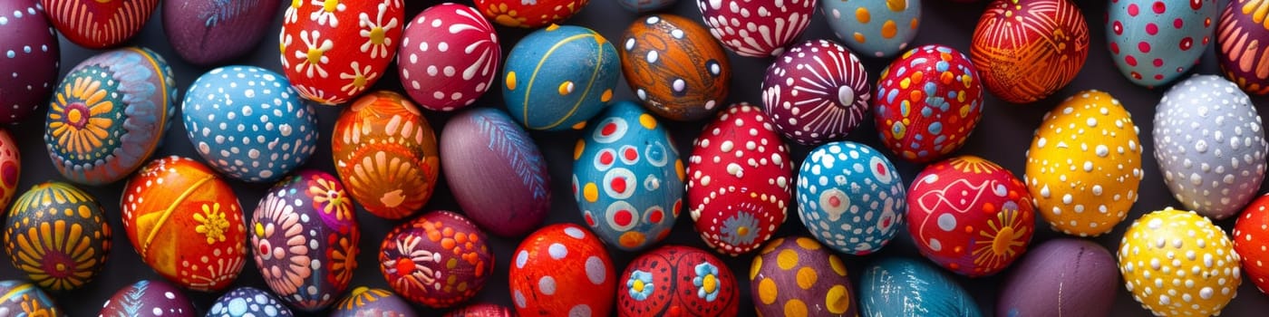 A bunch of colorful eggs are displayed on a wall