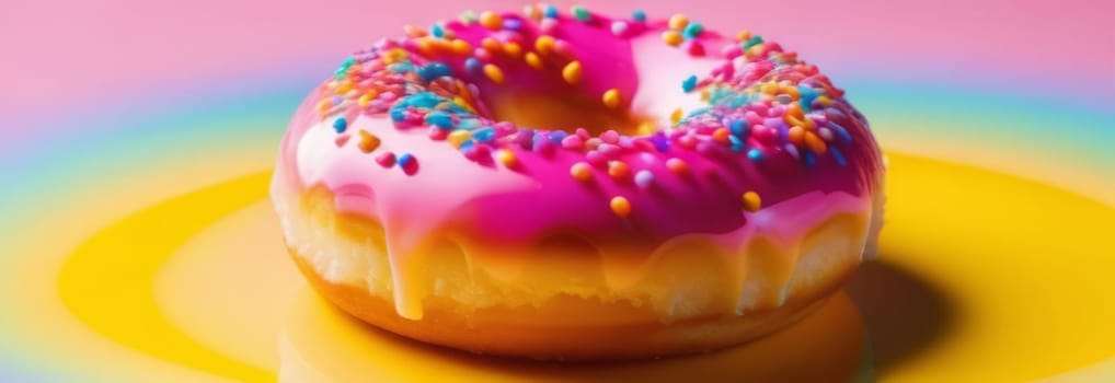 Freshly baked donut topped with generous amount of rainbow-colored sprinkles drizzled with rich sweet icing on colorful background. For culinary book, magazine, food blog, social media platforms