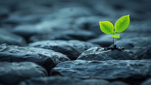 A small green plant growing out of a rock in the middle