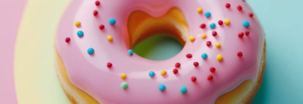 Freshly baked donut topped with generous amount of rainbow-colored sprinkles drizzled with rich sweet icing on colorful background. For culinary book, magazine, food blog, social media platforms