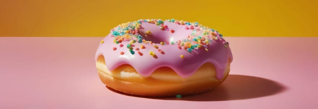 Freshly baked donut topped with generous amount of rainbow-colored sprinkles drizzled with rich sweet icing on colorful background. For culinary book, magazine, food blog, social media platforms