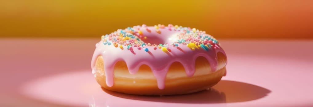 Freshly baked donut topped with generous amount of rainbow-colored sprinkles drizzled with rich sweet icing on colorful background. For culinary book, magazine, food blog, social media platforms