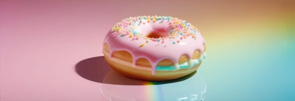 Freshly baked donut topped with generous amount of rainbow-colored sprinkles drizzled with rich sweet icing on colorful background. For culinary book, magazine, food blog, social media platforms