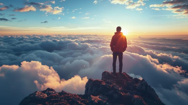 A man standing on top of a mountain looking at the clouds