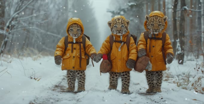 Three leopard cubs in yellow coats walking down a snowy path