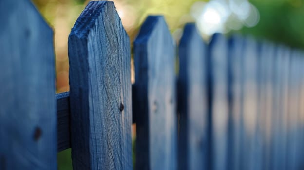 A close up of a blue fence with some trees in the background