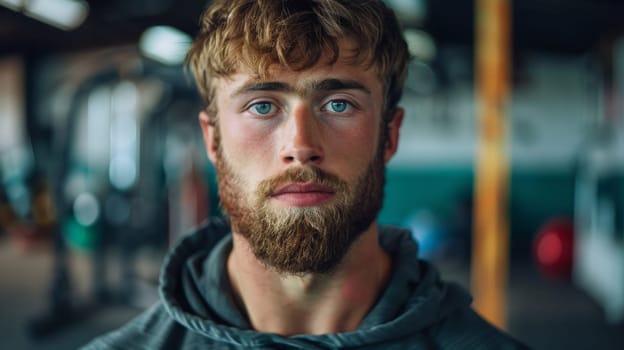 A man with a beard and grey sweatshirt in front of gym equipment