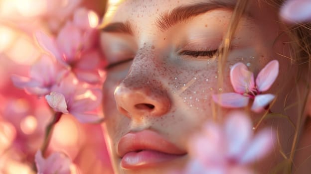 A woman with freckles and flowers on her face