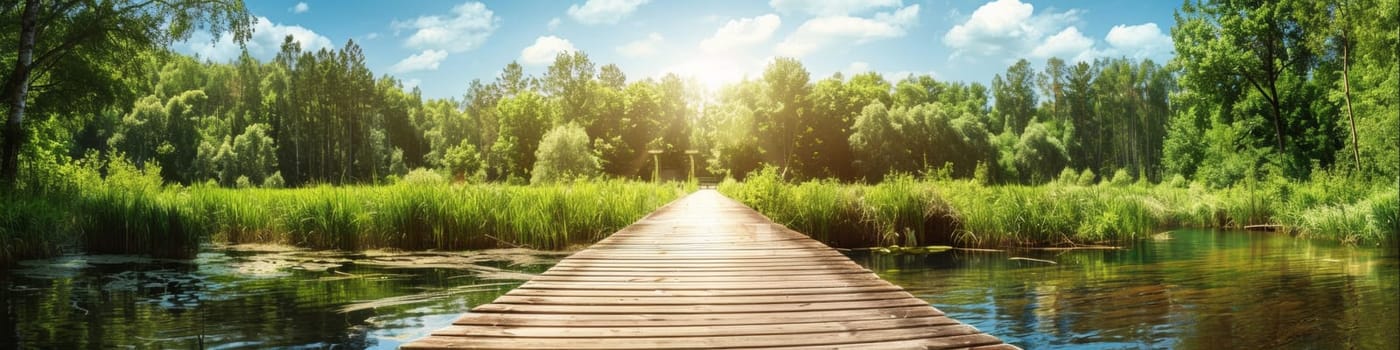 A wooden bridge leading to a lake with trees and grass