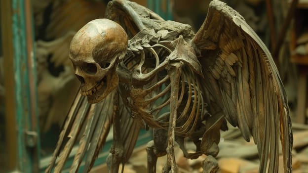 A skeleton with large wings and a long tail sitting on top of something