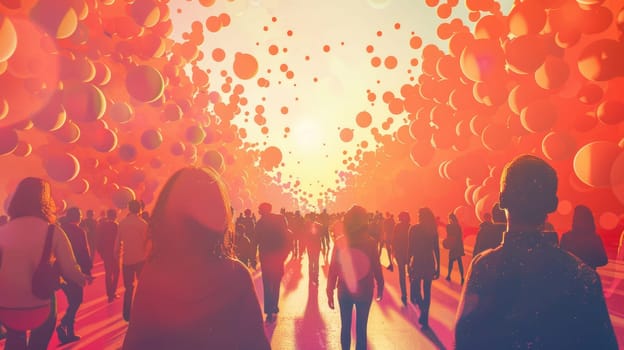 A group of people walking down a street with balloons in the sky