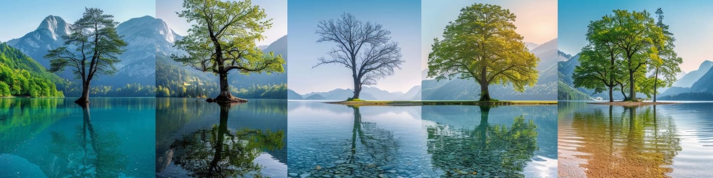A series of pictures showing different trees in a lake